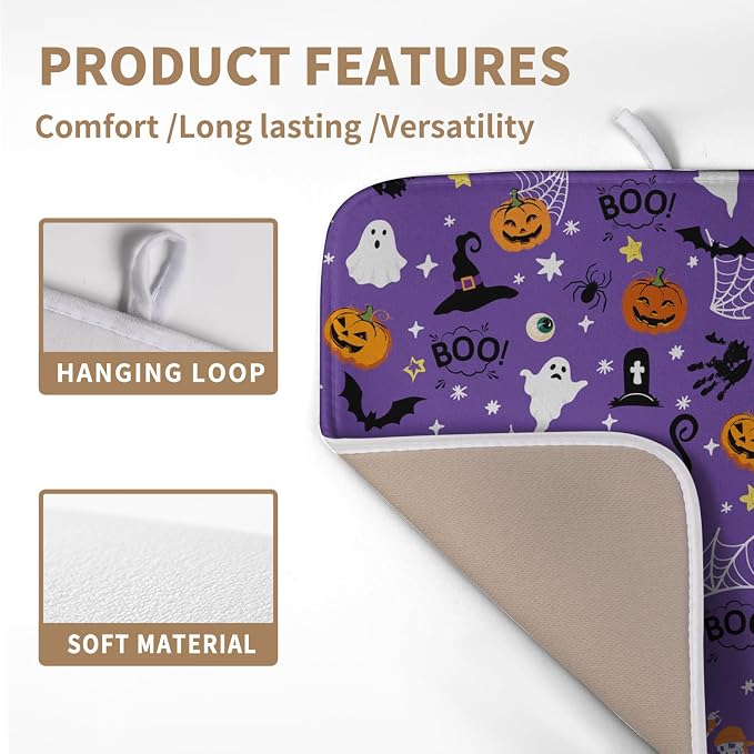 Halloween Dish Drying Mat for Kitchen Counter Cute Cat Boo Bats Skull Drying Mats Purple Fall Holiday Dishes Drying Pad Microfiber Absorbent Reversible Dish Drainer Rack Mat 16"x18"
