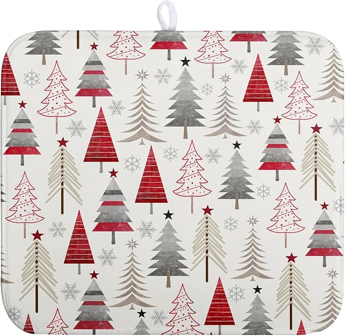 Christmas Dish Drying Mats for Kitchen Counter Xmas Tree Drying Mat Winter Holiday Dishes Drying Pad Microfiber Absorbent Dish Draining Mat Washable Dish Drainer Rack Mat 16x18 Inch