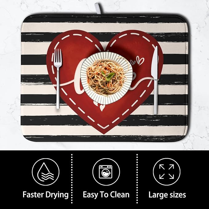Valentine's Day Dish Drying Mat for Kitchen Counter 16x18 Black White Stripes Red Love Heart Dishes Drainer Mats Absorbent Dish Pad Large Dish Draining Mat for Coffee Bar