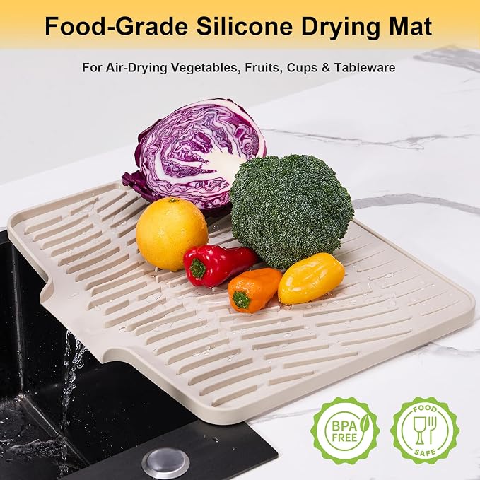 Silicone Dish Drying Mat for Kitchen Counter,Non-Slip Dish Drying Pad with Drain Lip,Heat Resistant Sink drying Mat for Dishes,Large Rubber dish drain mat dish rack mat (Cream,15.8"x13")
