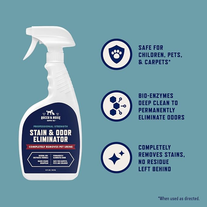 Rocco & Roxie Supply Co. Stain & Strong Odor Eliminator, Enzyme Cleaner, Pet Odor Eliminator for Home - Carpet Stain Remover for Cats & Dog Pee - Urine Destroyer - Carpet Cleaner Spray Clear, 32 Fl Oz