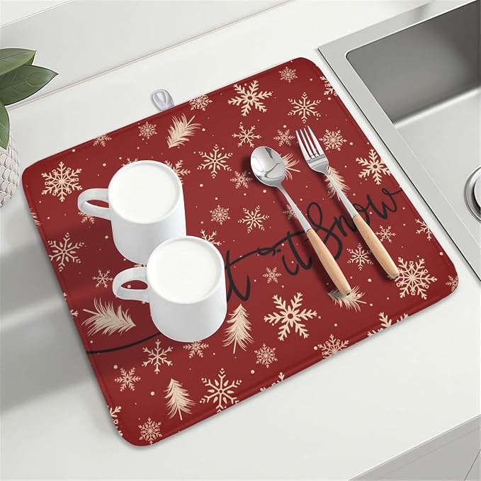 Christmas Snowflake Dish Drying Mat for Kitchen Counter 16x18 Inch | Red Xmas Theme Snowflakes Trees Snowy Dish Drainer Mat Rustic Winter Holiday Absorbent Washable Drying Pad