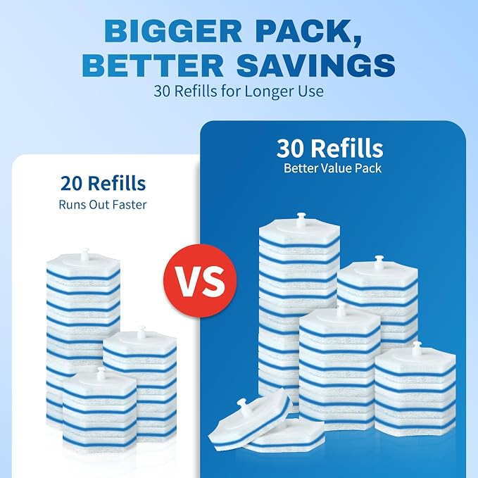 Vacplus 30 Count Toilet Wand Refills - Disposable Cleaner Refills for Deep Cleaning, Compatible with Clorox Toilet Wand, Fragrance Free for Bowl, Sink, Bathtub, White & Blue