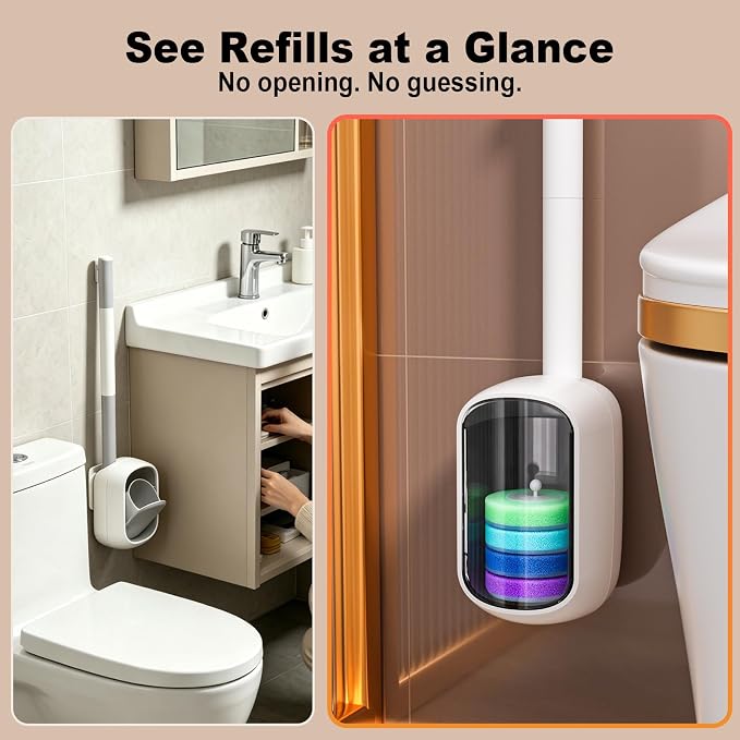 Disposable Toilet Brush with 35 Refill Pads, Auto-Open, Water-Activated Cleaning Heads, Wall-Mounted Toilet Kit for Bathroom & Tub