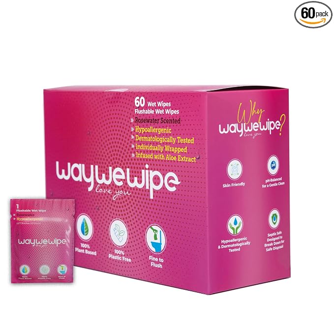 On-The-Go Flushable Feminine Wet Wipes, 60 Count XL Individually Wrapped Female Wipes, Hypoallergenic 100% Plant Based Septic Safe, Travel Size Adult Cleansing Cloth for Women, Rosewater