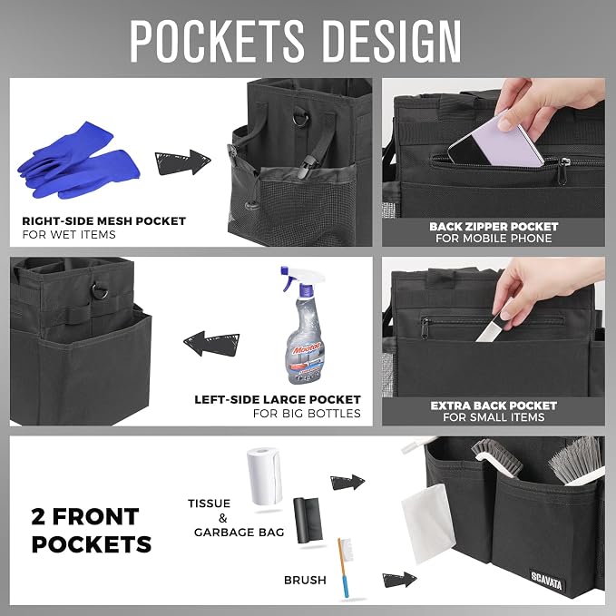 SCAVATA Compact Wearable Cleaning Caddy with Handle & Shoulder Straps | Small Cleaning Supplies Organizer, Under Sink & Car Cleaning Tools Storage Bag for Housekeepers Cleaners, Black