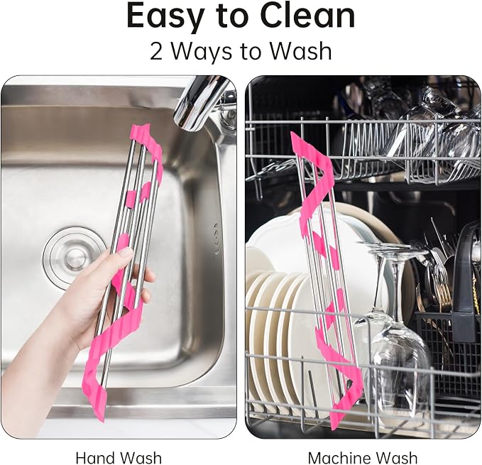 Tomorotec Triangle Roll-Up Dish Drying Rack for Sink Corner - Small, Foldable, Stainless Steel, Multipurpose Kitchen Drainer Caddy, Trivet, Rustproof Organizer, Storage Shelf (Rose)