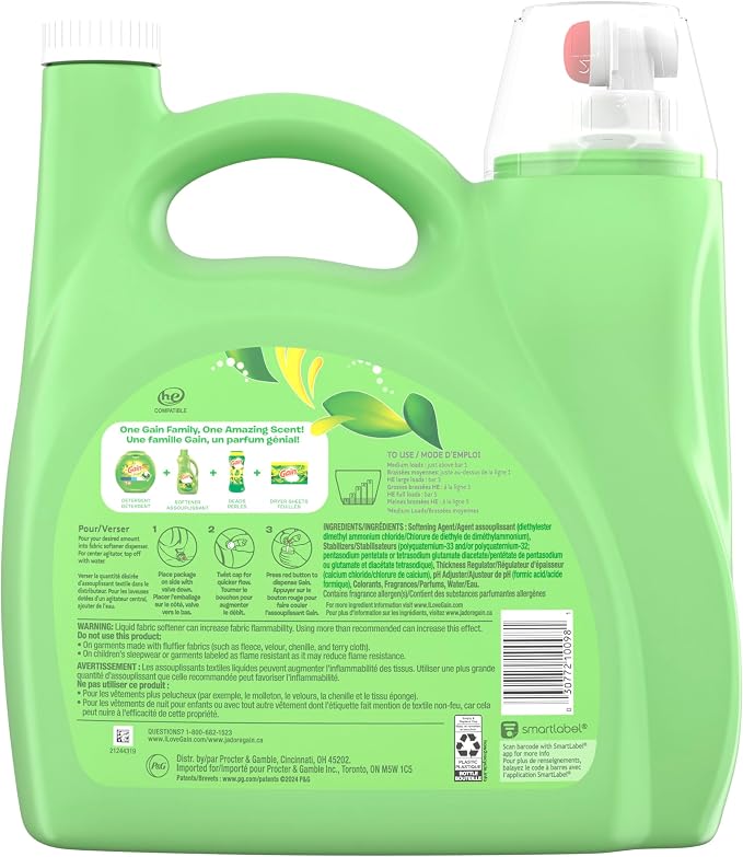 Gain Liquid Fabric Softener,Original Scent,140 FL OZ,190 Loads,Liquid Fabric Softener For Soft,Fresh Laundry,(Pack of 2)