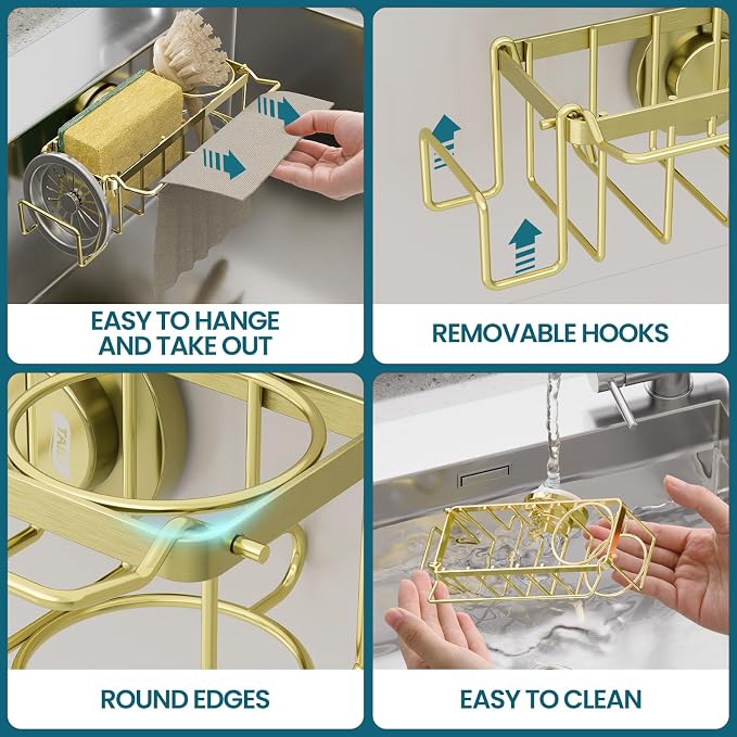 TAILI Sponge Holder with Strong Suction Cup, 4-in-1 Rustproof Sink Organizer - Sink Caddy Holds Sponges, Brushes, Stoppers & Scrapers -Gold