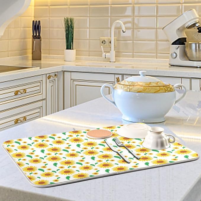 Absorbent Dish Drying Mat for Kitchen Counter - Cute Sunflower Flowers Microfiber Drying Pad, Reversible Drainer Mats for Countertop, Lager 18 x 24 inch
