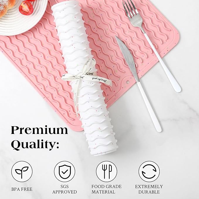 CAKETIME 2 Pack Multicolor Silicone Dish Drying Mat for Kitchen Counter Placemats Chef Mother Essentials Espresso Machine Station Utensil Holder Rack Washer Trivets Oven Tools Cute Girl Pink Gifts