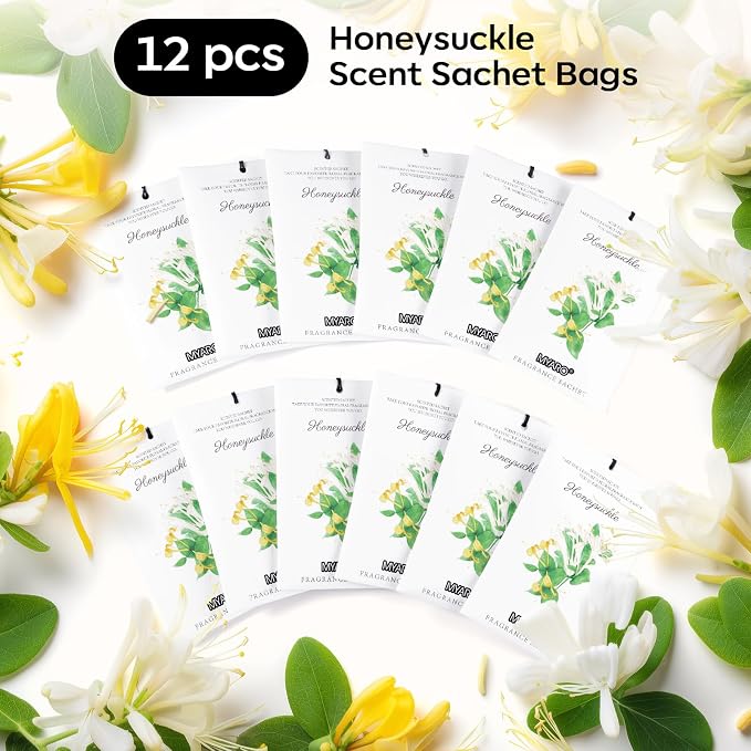 MYARO 12 Packs Honeysuckle Scented Sachets for Drawer and Closet, Long Lasting Air Freshener Fresh Scents Potpourri Bags Home Fragrance for Room Car Small Space