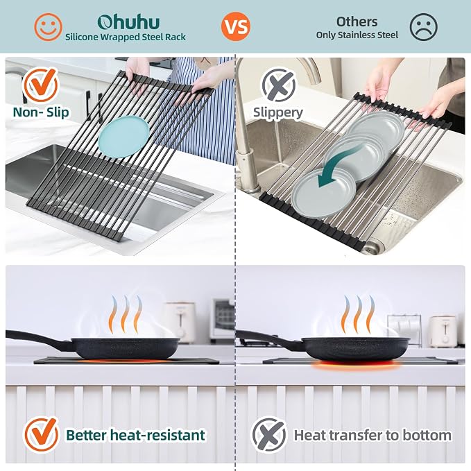 Ohuhu Over The Sink Dish Drying Rack, 20.5" W x 13.1" L Rolling Dish Drainer Foldable Sink Accessories Heat-Resistant Mat Anti-Slip Silicone Coated Dish Racks for Kitchen Counter