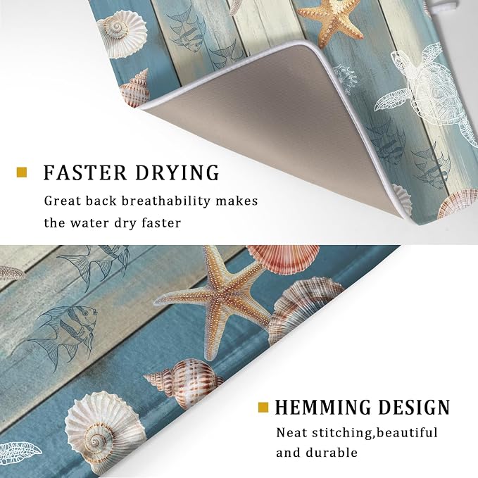 Giwawa Coastal Starfish Dish Drying Mat Summer Sea Turtle Drainer Rack Mat Absorbent Microfiber Kitchen Countertop Protector Dishes Pad 18x24 inch