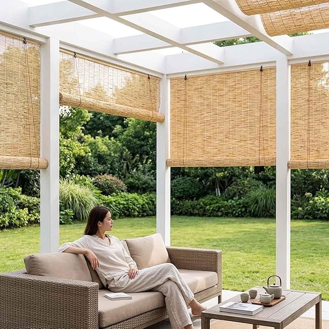 Bamboo Shades for Outdoor Patio, Natural Reed Roller Blinds for Indoor Windows, Retro Cordless Shades 20 22 27 30 36 48 72in Outside Privacy Bamboo Roll Up Shades(Natural White,56" W x 72" H)