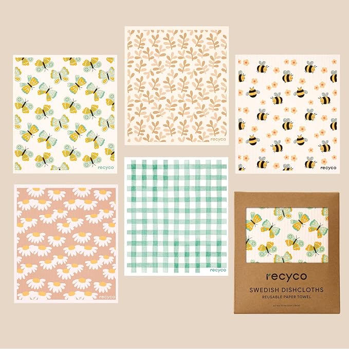 RECYCO Swedish Dishcloths for Kitchen | 5 Pack Gingham Flutter Washable Dish Rags | Cellulose Reusable Cleaning Paper Towels | Absorbent Counter Dish Cloth Sponge Kitchen Wipes, 8" L x 7" W