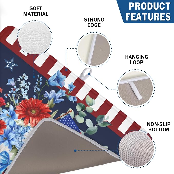 4th of July Dish Drying Mat for Kitchen Counter Patriotic Red Blue and White Floral American Flag Microfiber Dish Drainer Mat Absorbent Washable Drying Pad Extra Large 18"x24"