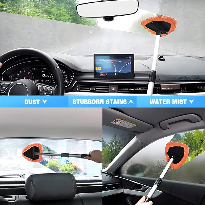 Extendable Car Windshield Cleaning Tool with Microfiber Pads, Orange | reusable glass-wiper design, interior and exterior window use, fits most cars, SUVs, and trucks, automotive cleaning tools