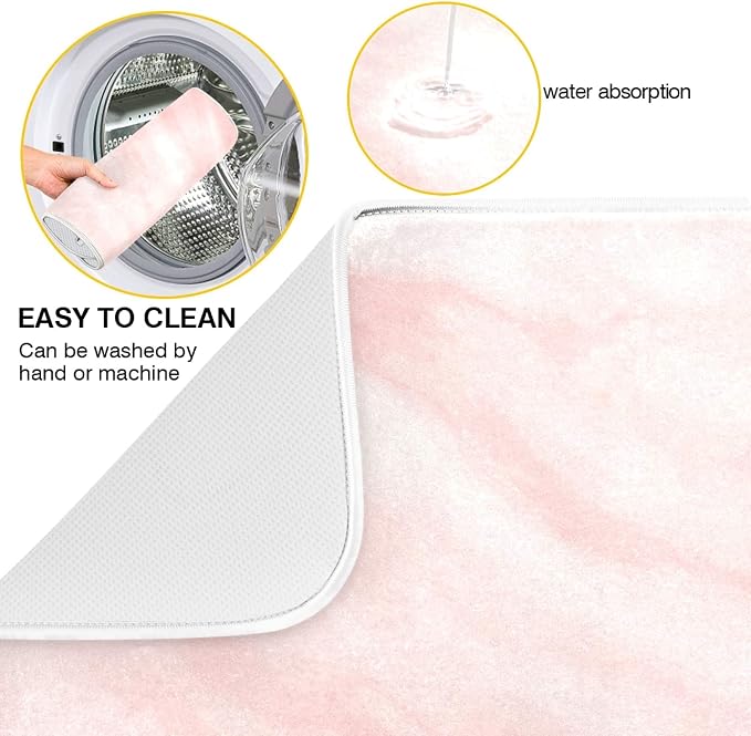 Super Absorbent Dish Drying Mat, Microfiber Fast-Drying Dish Mat, 16" x 18", Kitchen Dish Drying Pad, Pink Coral Marble