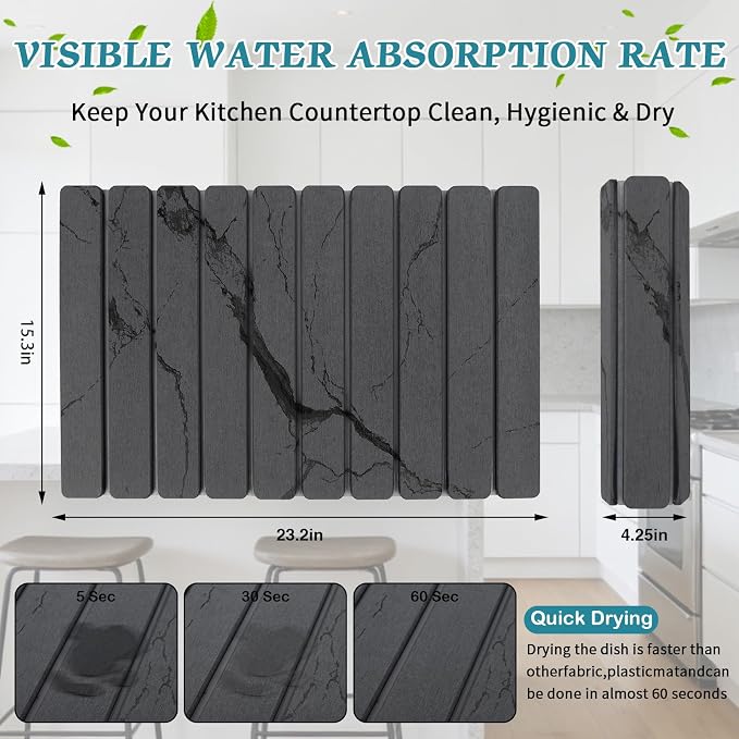 Stone Dish Drying Mat for Kitchen Counter, 24''×15'' Dishes Drying Matt Kitchen Counter, Absorbent Diatomaceous Earth Bath Quick Dry Mats for Tableware, Bottles and Cup(Dark Grey Marble)