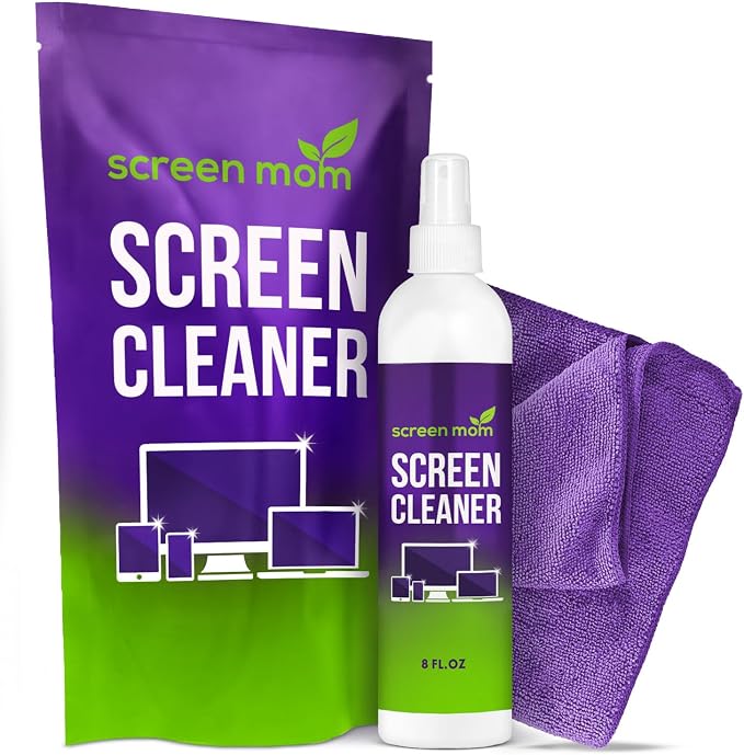 Screen Mom Screen Cleaner Spray 8oz Bottle for TV, Car, Laptop & Computer | Streak-Free Cleaning, Glass & OLED Safe, Alcohol & Ammonia Free, Scratch-Safe Microfiber Cloth, No Fingerprints & Smudges