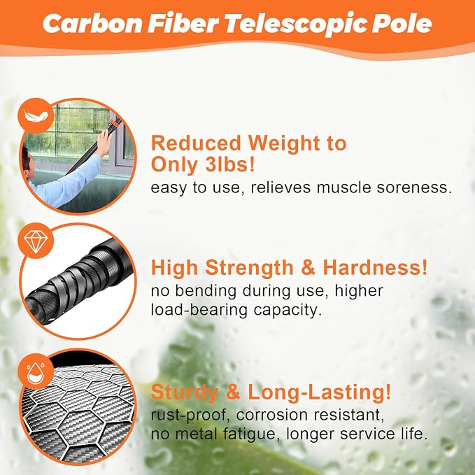 24FT Carbon Fiber Window Washing Kit with Extension Pole Outdoor | carbon fiber pole, ultralight, sturdy anti-corrosion, no ladder needed, 3/4 threaded tip fits plenty of tool accessories