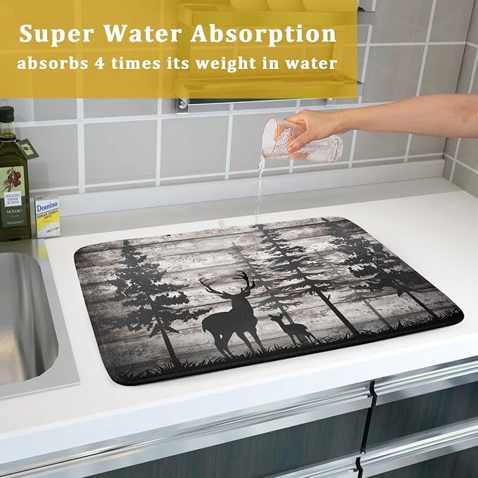 Forest Deer Dish Drying Mat Wildlife Animal Decorative Microfiber Dishes Pad 18x24 Inch Absorbent Reversible Kitchen Counter Drainer Mats