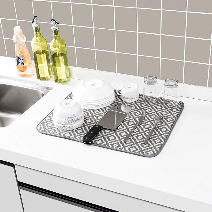 Dish Drying Mat for Kitchen 2 Pack, Ultra Absorbent Microfiber Dishes Drainer Mats by Subekyu,19.2 by 15.8 Inch(Rhombus)