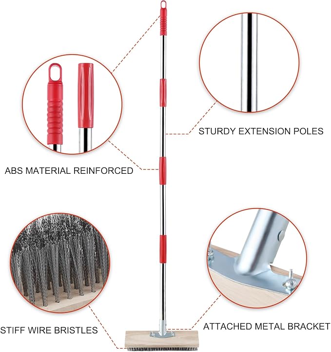 Mitclear Heavy Duty Wire Broom with Telescopic Handle(57IN), Stiff Metal Bristle Brush for Removing Weed Moss, Outdoor Floor Scrub Brush for Patio, Deck, Garden, Concrete, Garage