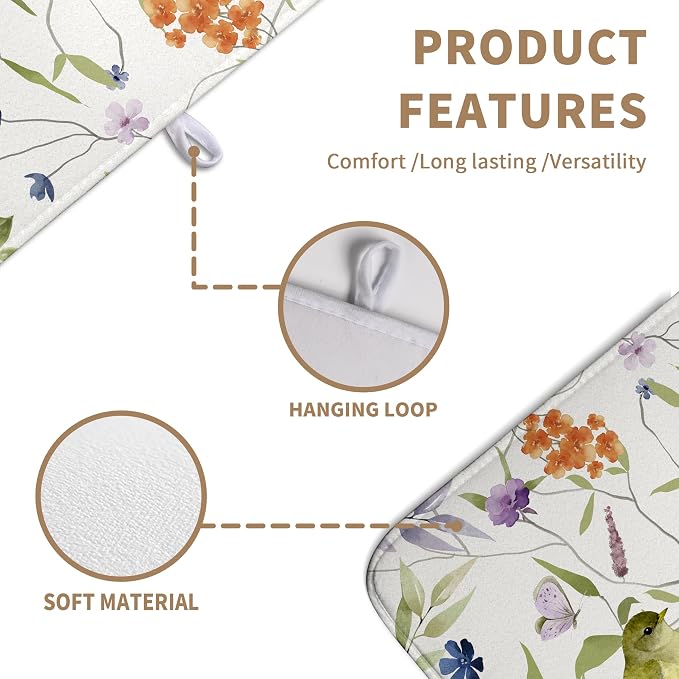 Spring Floral Birds Dish Drying Mats Spring Summer Dish Mat Green Leaf Butterfly Drying Matt Dishes Dryer Pad for Kitchen Counter Absorbent Microfiber Washable Foldable Reusable 18x24 in