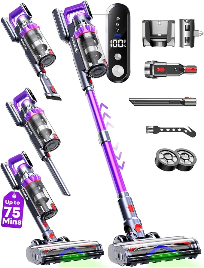 Cordless Vacuum Cleaner, 75Mins/55KPa/650W, Rechargeable | 10 Stage Filtration, Cone Filtration&Anti-Tangle, Extra Washable HEPA Filter, for Hard Floor, Carpet, Pet Hair, Freestanding