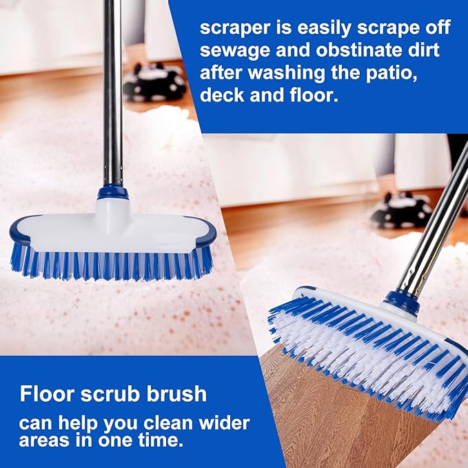 Floor Scrub Brush with Long Handle, 2 in 1 Deck Scrub Brush, Stiff Bristle Scrub Broom & Cleaning Brush for Tile Floor,Deck,Patio,Marble,Garage,Wall, Kitchen,Bathroom