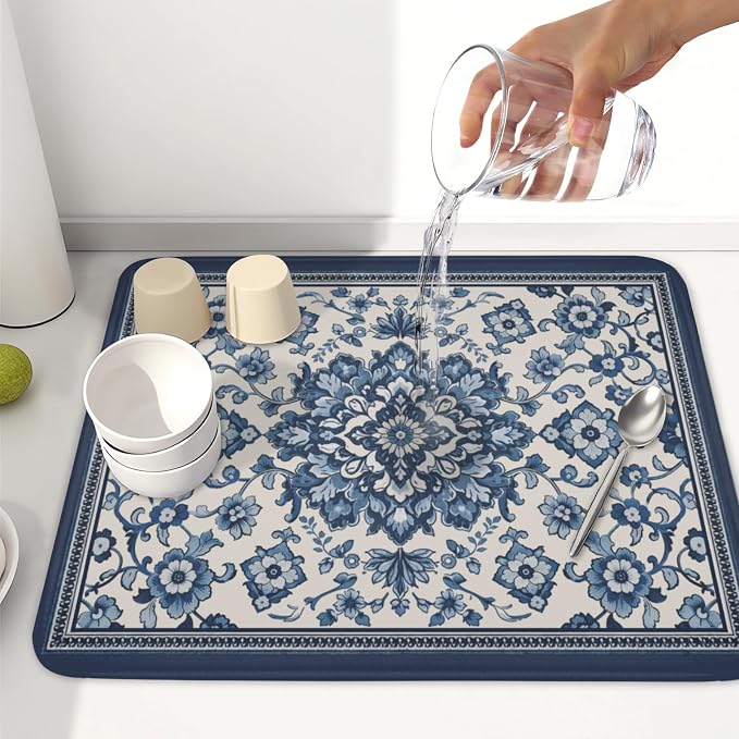 Blue Floral Dish Drying Mat for Kitchen Counter Vintage Flower Pattern Microfiber Dish Drainer Mat Rustic Farmhouse Absorbent Washable Drying Pad Extra Large 16"x18"