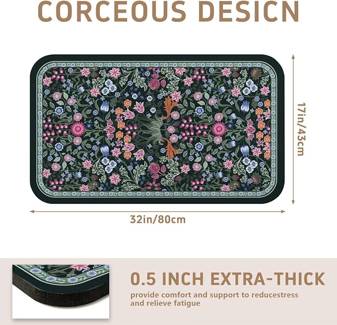 Vintage Floral Dish Drying Mat 16x18 Inch, Dish Mat Drying Kitchen Mats for Extra Large Absorbent Countertop, Aesthetic Boho Drying Matt Kitchen Counter Washable Heat Resistant Dish Drainer Rack Mat