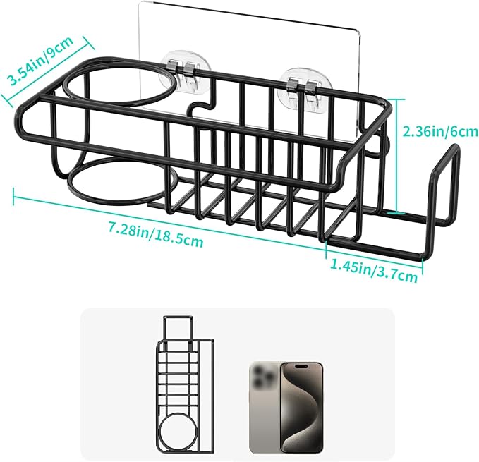 HapiRm 4 in 1 Kitchen Organizers and Storage, SUS304 Stainless Steel Brush Holder + Dish Cloth Hanger + Soap Rack + Sink Stopper Rack, No Drill Kitchen Essentials - Black