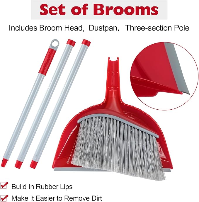 Meanplan 6 Pcs Angle Broom and Dustpan Combo Set for School Classroom 54 Inch Outdoor Indoor Cleaning Broom Commercial Broom with Step-on Dustpan for Home Kitchen Office Floor Dirt Dust Hair Cleaning