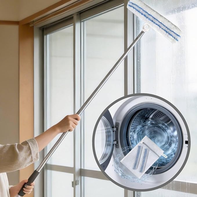 2-in-1 Shower Squeegee for Glass Doors with Telescopic Handle | Squeegee for Shower Glass with Microfiber Scrubber, Long Handle for Bathroom, Tile Wall, Car Windshield, Window,Mirror