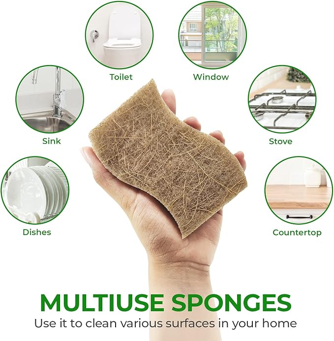 AIRNEX Natural Kitchen Sponges (6 Pack) - Biodegradable Cellulose & Coconut Scrubber Dish Sponges for Kitchen - Eco-Friendly, Non Scratch, Compostable, Non Toxic S-Shaped Natural Sponges for Dishes