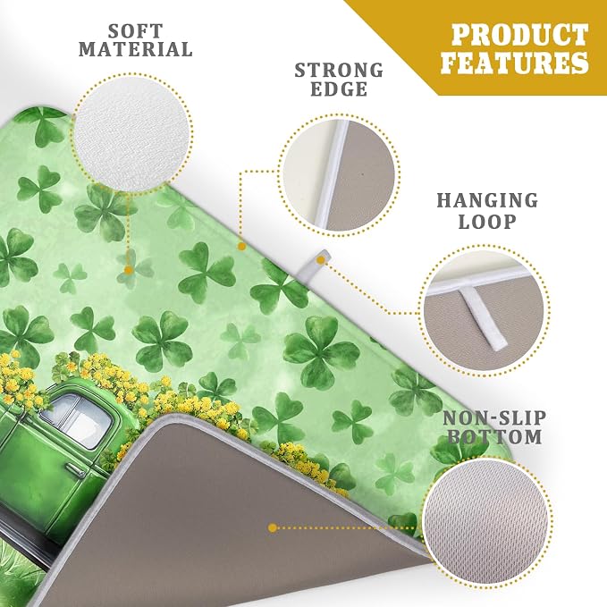 Green Holiday Dish Drying Mat Lucky Clover Truck Drying Mat for Kitchen Counter 18 X 24
