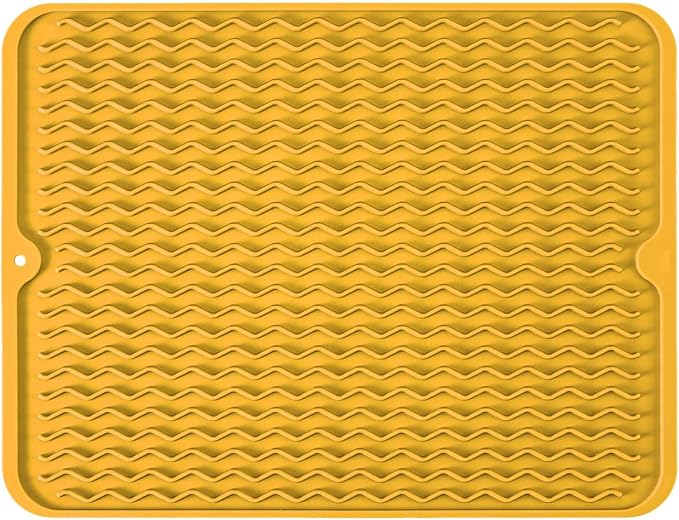 Large 14" x 11" Silicone Dish Drying Mat for Kitchen Counter, Easy clean, Quick Dry, Heat-resistant Dish Drainer Mat for Sink,Refrigerator or Drawer liner (Food Grade Silicone-Yellow)