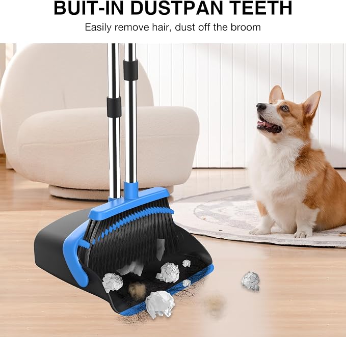 NACENA Broom and Dustpan Set with 52-in Long Adjustable Handle, Black Blue | Broom Dustpan Combo with Dustpan Teeth to Automatically Clean Hair Suitable for Home Kitchen Office Hall Floor