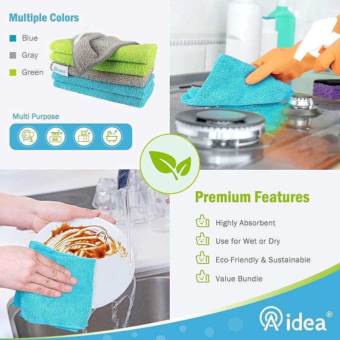 AIDEA Microfiber Cleaning Cloth-8PK, Microfiber Towels for Cars 12"x16" | Soft Absorbent Cleaning Rags, Reusable Microfiber Towel Lint-Free Streak-Free for House, Kitchen, Window Multicolor