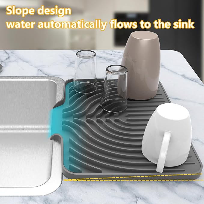 Kitchen Counter Dish Drying Mat, 14.6"x11" Dish Drying Rack(gray) | Various Sizes & Colors,Steep-Slope Built in Drain,High-fin Ventilation,Food-grade Silicone,500F heat resistant,for Flat sinks