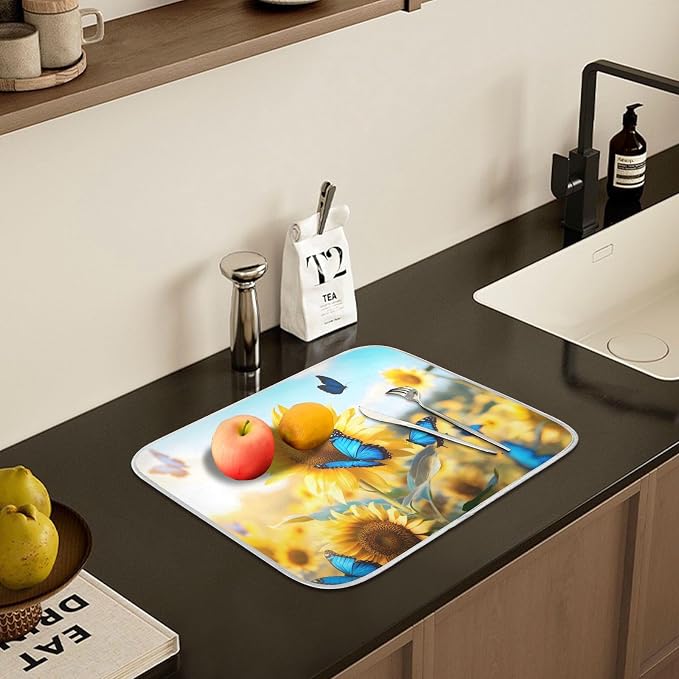 Blooming Sunflowers Blue Butterfly03 Dish Drying Mat for Kitchen Counter Absorbent Microfiber Large Drying Pad Dish Mats for Kitchen Countertops 18 x 24 Inch