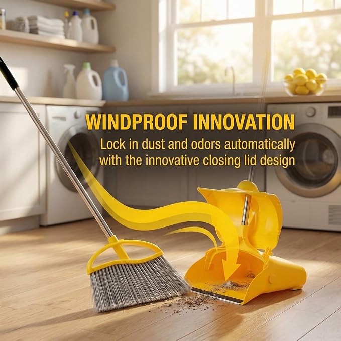 Long Handle Heavy Duty Broom and Dustpan Set, Outdoor and Commercial Upright Dustpan and Brush for Restaurant Garage Garden Yard Office, Yellow