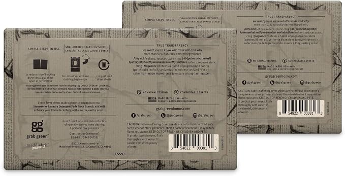 Grab Green Stoneworks Dryer Sheets, 160 Count, Birch Branch, Compostable | Softens fabrics; Reduces Static; Cruelty-free; Plant & Mineral Based; No Harsh Chemicals