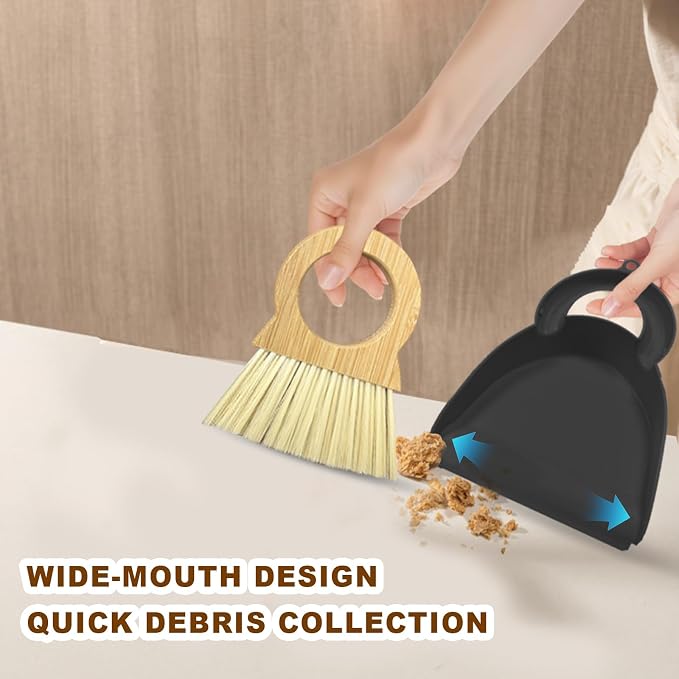 Mini Broom and Dustpan Set - Compact Bamboo Handle Cleaning Kit with Mini Dustpan Brush for Countertops, Tables, Desks - Small Dust Pan and Broom Combo for Tiny Spaces (Black)