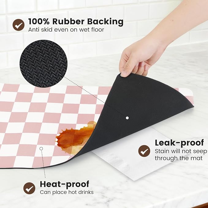 16" x 24" Checkered Dish Drying Mat for Kitchen Counter, Absorbent Coffee Bar Mat for Espresso Machine Coffee Countertops Accessories, Pink