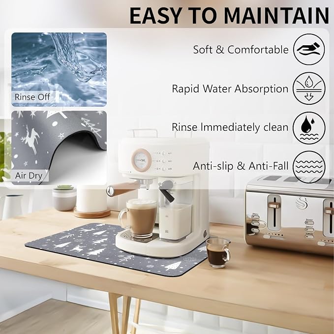 Christmas Dish Drying Mat, 12" x 19" Drying Mat for Kitchen Counter, Super Absorbent Coffee Mats Fits Under Coffee Maker, Kitchen Accessories for Espresso Machine, Gray