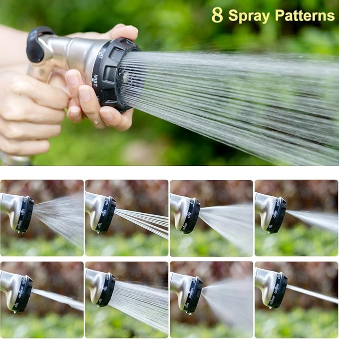 FANHAO Thumb Control Garden Hose Nozzle Heavy Duty Metal, 8 Spray Patterns | Rustproof Zinc Alloy Water Hose Sprayer, High Pressure, Non-Slip Ergonomic Grip for Lawn & Plant Watering, Car & Pet Washing